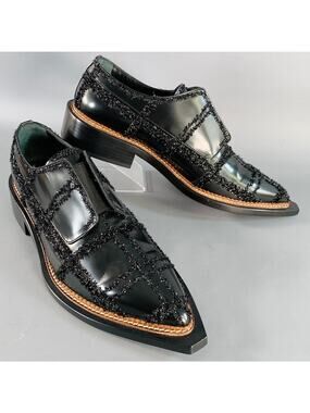 SIMONE ROCHA Size 8 Black Tinsel Embellishment Leather Slip On Loafers